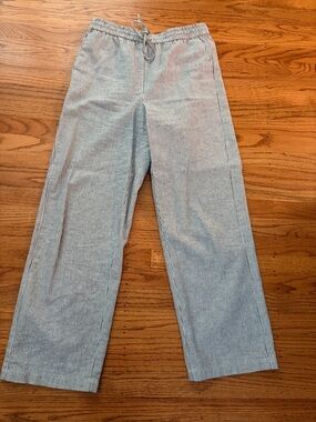 J. Crew Womens linen blend drawstring wide leg pants black & White Stripe